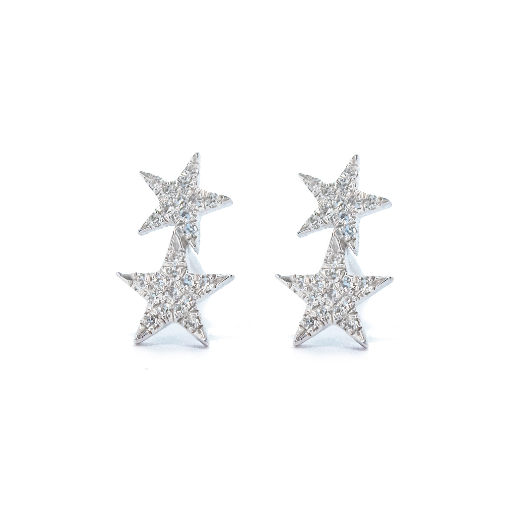Aretes Doble Estrella en Oro Blanco con Diamantes
