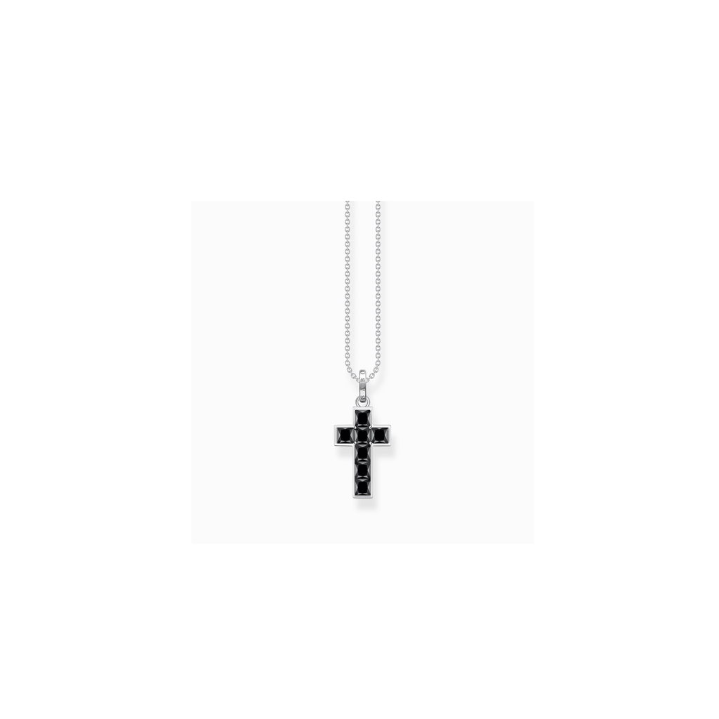 Cadena cruz con piedras negras plata